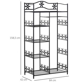 Armoire penderie multi-rangement - 5 étagères - dim. 84L x 42l x 158,5H cm - métal noir motif fleurs 2 rideaux blanc 3