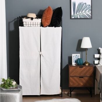 Armoire penderie multi-rangement - 5 étagères - dim. 84L x 42l x 158,5H cm - métal noir motif fleurs 2 rideaux blanc 4