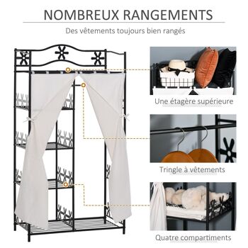 Armoire penderie multi-rangement - 5 étagères - dim. 84L x 42l x 158,5H cm - métal noir motif fleurs 2 rideaux blanc 5