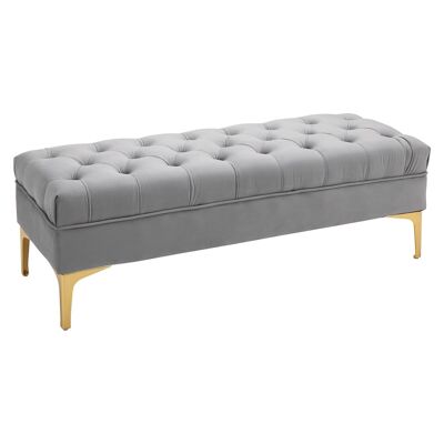 Banco acolchado de estilo clásico chic Dim. 118L x 45W x 42H cm base metal dorado terciopelo gris claro