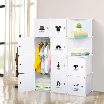 Armoire penderie cube multi-rangements 10 cubes + 2 étagères + autocollants décoratifs 111L x 47l x 145H cm blanc 2