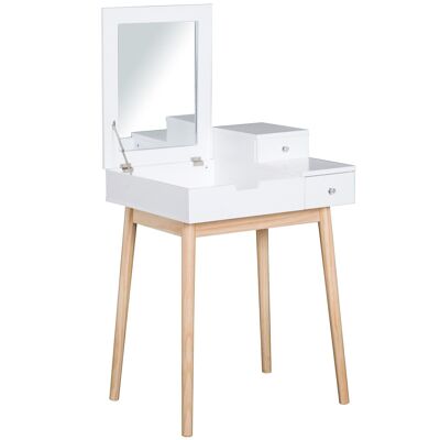 Tocador de diseño escandinavo mesa de maquillaje de almacenamiento múltiple espejo plegable 60L x 50W x 86H cm pino y MDF blanco