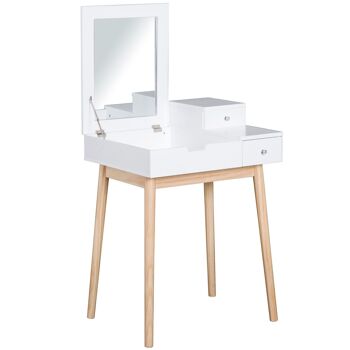 Coiffeuse design scandinave table de maquillage multi-rangements miroir pliable 60L x 50l x 86H cm pin et MDF blanc 1