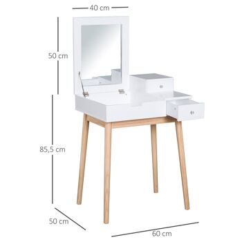 Coiffeuse design scandinave table de maquillage multi-rangements miroir pliable 60L x 50l x 86H cm pin et MDF blanc 3