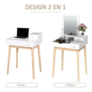 Coiffeuse design scandinave table de maquillage multi-rangements miroir pliable 60L x 50l x 86H cm pin et MDF blanc 4