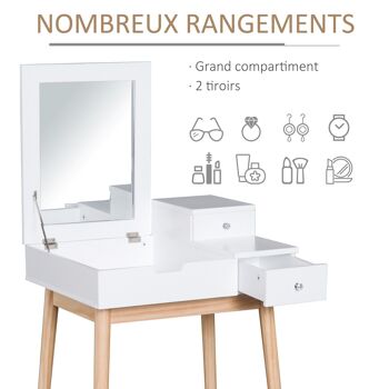 Coiffeuse design scandinave table de maquillage multi-rangements miroir pliable 60L x 50l x 86H cm pin et MDF blanc 5
