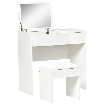 Tocador de diseño contemporáneo mesa de maquillaje 80L x 40W x 79H cm espejo retráctil, cajón, cómoda + taburete blanco