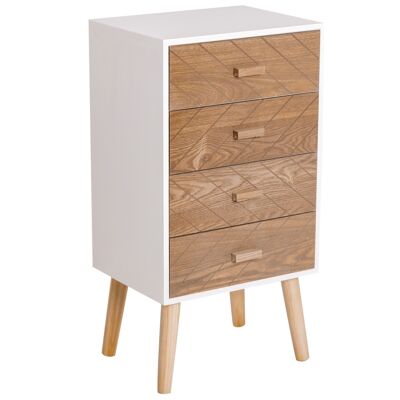 Meuble de rangement chiffonnier design scandinave 40L x 30l x 75H cm 4 tiroirs bois massif pin MDF blanc et hêtre motif graphique