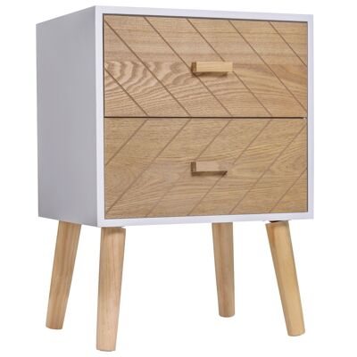 Comodino design scandinavo 40L x 30L x 56H cm 2 cassetti in legno massello di pino MDF motivo grafico bianco e faggio