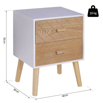 Chevet table de nuit design scandinave 40L x 30l x 56H cm 2 tiroirs bois massif pin MDF blanc et hêtre motif graphique 3
