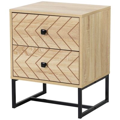 Graphic style bedside table bedside table 48L x 39.5W x 60H cm 2 drawers black metal MDF particle board imitation light wood