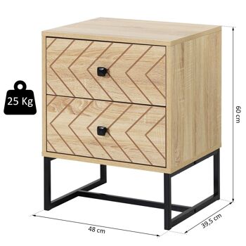 Table de chevet table de nuit style graphique 48L x 39,5l x 60H cm 2 tiroirs métal noir panneaux particules MDF imitation bois clair 3