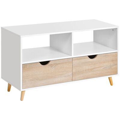 Mueble TV bajo con patas estilo escandinavo 2 cajones color roble claro blanco
