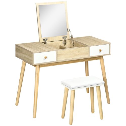 Coiffeuse avec tabouret style scandinave - 2 tiroirs, compartiment porte miroir -  panneaux aspect chêne clair blanc
