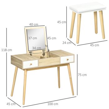 Coiffeuse avec tabouret style scandinave - 2 tiroirs, compartiment porte miroir -  panneaux aspect chêne clair blanc 3