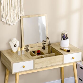 Coiffeuse avec tabouret style scandinave - 2 tiroirs, compartiment porte miroir -  panneaux aspect chêne clair blanc 5