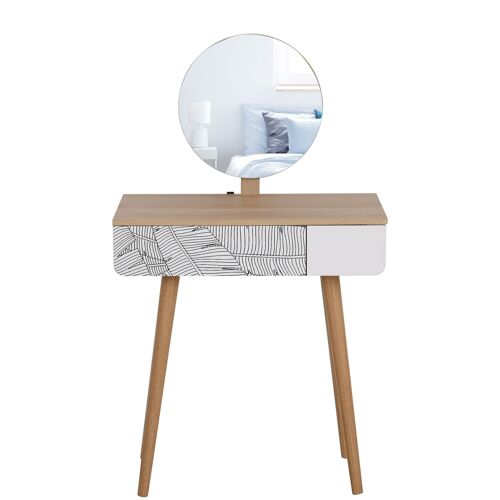 Coiffeuse table de maquillage design scandinave tiroir et grand miroir dim. 70 x 39 x 119-128 cm