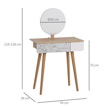 Coiffeuse table de maquillage design scandinave tiroir et grand miroir dim. 70 x 39 x 119-128 cm 2