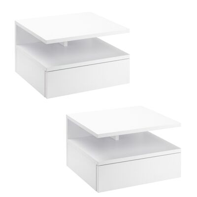 Set of 2 wall-mounted bedside tables - set of 2 bedside tables - sliding drawer, niche and tray - white particle board