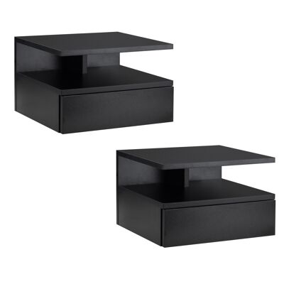 Set of 2 wall-mounted bedside tables - set of 2 bedside tables - sliding drawer, niche and tray - black particle board