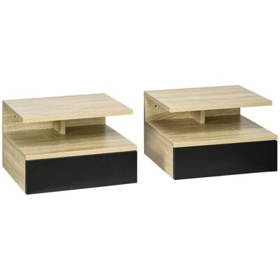 Set of 2 wall-mounted bedside tables - set of 2 bedside tables - sliding drawer, niche and tray - black light oak look