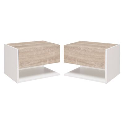 Set of 2 wall-mounted bedside tables - set of 2 bedside tables - sliding drawer, shelf, tray - two-tone particleboard with white light oak look
