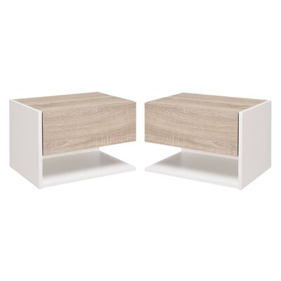 Lot de 2 tables de chevet murales - lot de 2 tables de nuit - tiroir coulissant, étagère, plateau - panneaux particules bicolore aspect chêne clair blanc