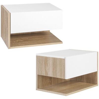 Set of 2 wall-mounted bedside tables - set of 2 bedside tables - sliding drawer, shelf - white light oak look