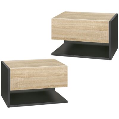 Set of 2 wall-mounted bedside tables - set of 2 bedside tables - sliding drawer, shelf - black light oak look