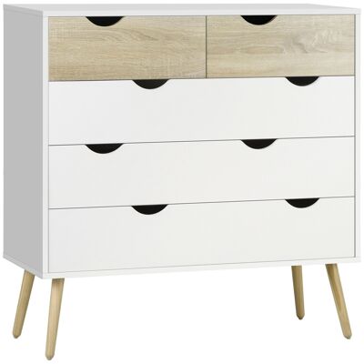 Cómoda de 5 cajones Mueble de almacenaje para dormitorio de diseño escandinavo Tablero de partículas 99 x 39 x 101 cm Aspecto roble claro blanco