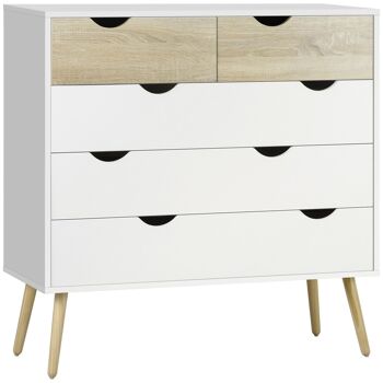 Commode 5 tiroirs design scandinave meuble de rangement chambre panneau de particules 99 x 39 x 101 cm blanc aspect chêne clair 1