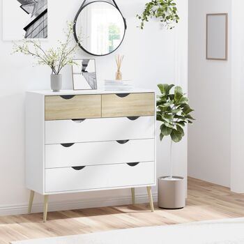 Commode 5 tiroirs design scandinave meuble de rangement chambre panneau de particules 99 x 39 x 101 cm blanc aspect chêne clair 2