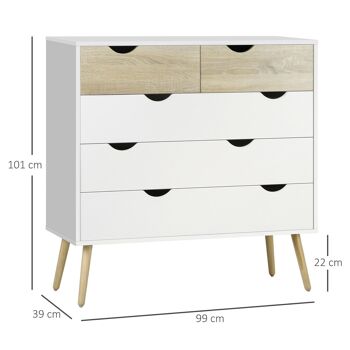 Commode 5 tiroirs design scandinave meuble de rangement chambre panneau de particules 99 x 39 x 101 cm blanc aspect chêne clair 3