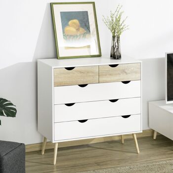 Commode 5 tiroirs design scandinave meuble de rangement chambre panneau de particules 99 x 39 x 101 cm blanc aspect chêne clair 4