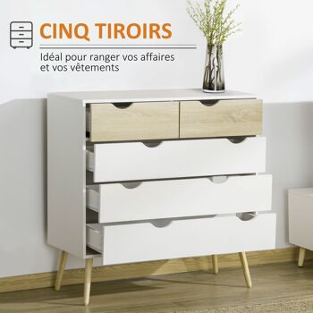 Commode 5 tiroirs design scandinave meuble de rangement chambre panneau de particules 99 x 39 x 101 cm blanc aspect chêne clair 5