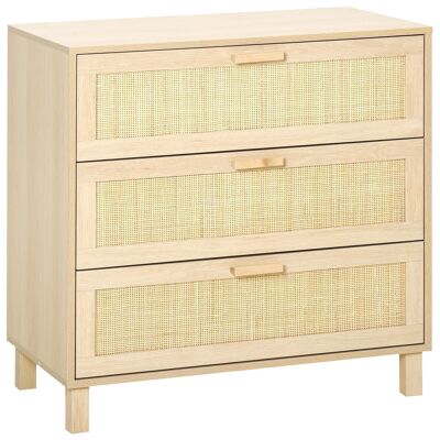 Chest of drawers with 3 rattan wickerwork drawers dim. 80L x 40W x 80H cm MDF light wood look