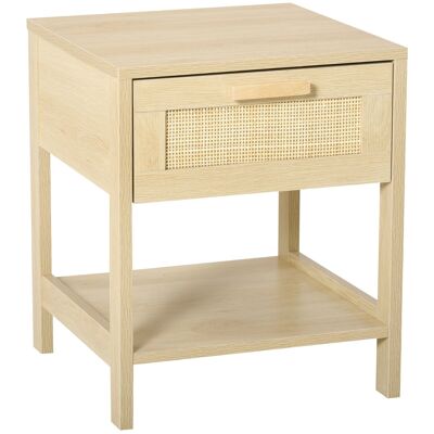 Mesita de noche con cajón y balda de caña de mimbre Dim. 40L x 40W x 48H cm MDF aspecto madera clara