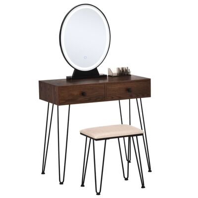 Design dressing table - integrated LED mirror - 2 drawers + 1 organizer - stool included - black metal MDF imitation dark walnut wood