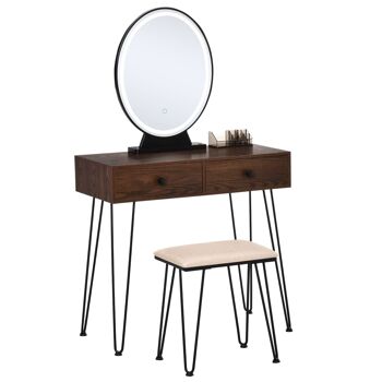 Coiffeuse design - miroir LED intégré - 2 tiroirs + 1 organisateur - tabouret inclus - métal noir MDF imitation bois noyer foncé 1