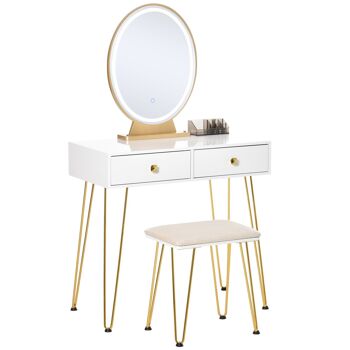 Coiffeuse design - miroir LED intégré - 2 tiroirs + 1 organisateur - tabouret inclus - métal noir MDF banc doré 1