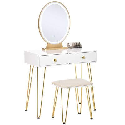 Coiffeuse design - miroir LED intégré - 2 tiroirs + 1 organisateur - tabouret inclus - métal noir MDF banc doré