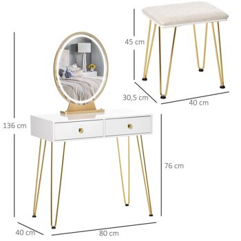 Coiffeuse design - miroir LED intégré - 2 tiroirs + 1 organisateur - tabouret inclus - métal noir MDF banc doré 3