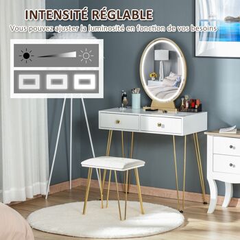Coiffeuse design - miroir LED intégré - 2 tiroirs + 1 organisateur - tabouret inclus - métal noir MDF banc doré 5