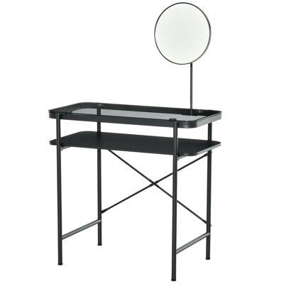 Toeletta dal design contemporaneo, tavolo da trucco, piano in vetro temperato, mensola a specchio girevole in metallo nero