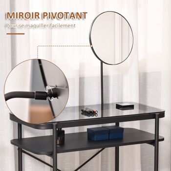 Coiffeuse design contemporain table de maquillage plateau verre trempé étagère miroir pivotant métal noir 2