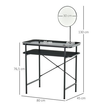 Coiffeuse design contemporain table de maquillage plateau verre trempé étagère miroir pivotant métal noir 3