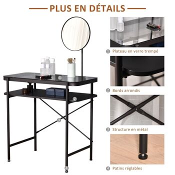 Coiffeuse design contemporain table de maquillage plateau verre trempé étagère miroir pivotant métal noir 5