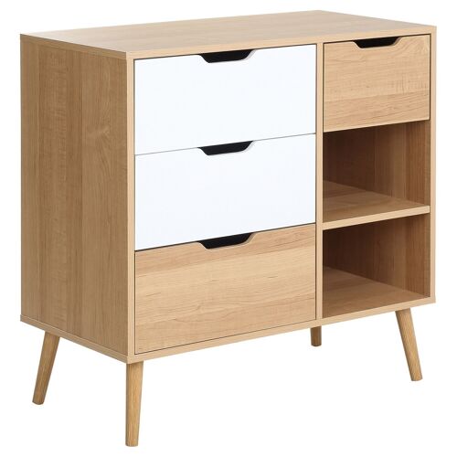 Commode design scandinave sur pieds 4 tiroirs coulissants 2 niches pieds effilés inclinés panneaux particules blanc aspect bois clair