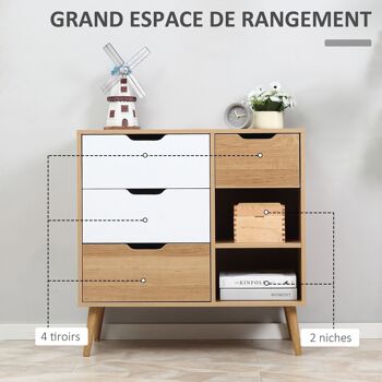 Commode design scandinave sur pieds 4 tiroirs coulissants 2 niches pieds effilés inclinés panneaux particules blanc aspect bois clair 4