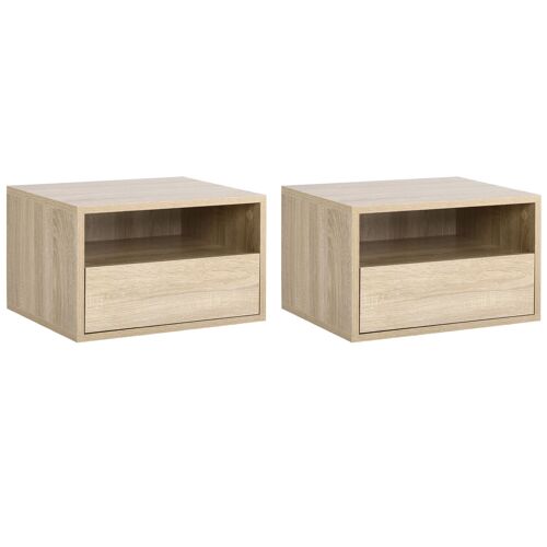 Lot de 2 tables de chevet murales - lot de 2 tables de nuit - tiroir coulissant, niche, plateau - panneaux particules aspect chêne clair